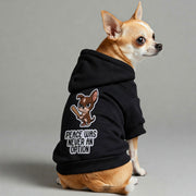 Chihuahua wearing a 'Peace Was Never an Option' hoodie
