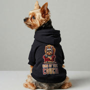 Yorkie wearing a 'King of the Couch' hoodie