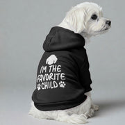 Maltese dog wearing an 'I'm the Favorite Child' hoodie