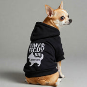 Chihuahua wearing a 'Tiny Body, Big Attitude' hoodie
