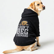 Labrador wearing an 'I Don't Beg, I Demand' hoodie
