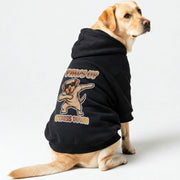 Labrador wearing a 'Paws Up, Stress Down' hoodie