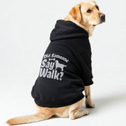 Labrador wearing a 'Did Someone Say Walk?' hoodie