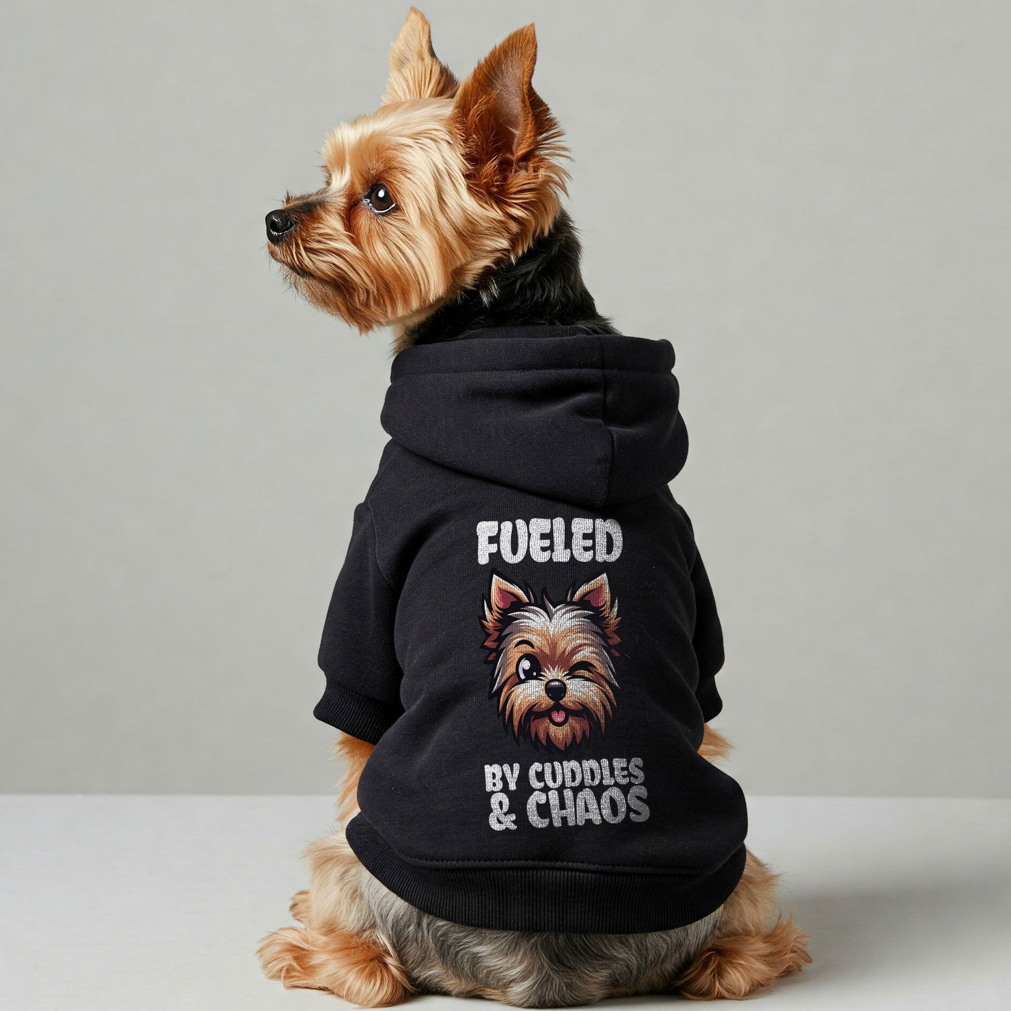 Fueled by Cuddles & Chaos - Yorkie Hoodie - Dog Clothes