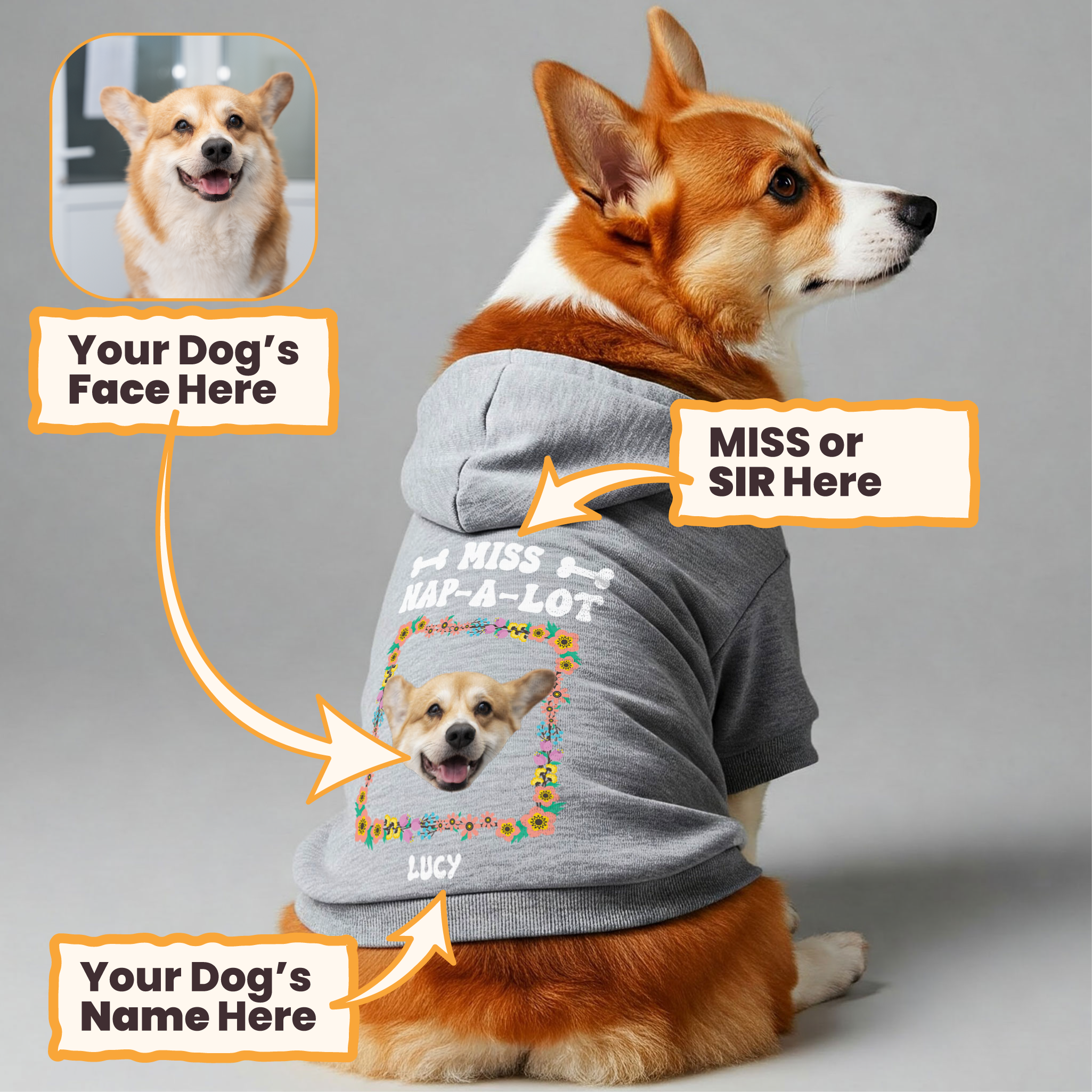 NAP A LOT  - Personalized hoodie with your dog’s name,Face, and MISS or SIR – dog hoodie – dog clothes