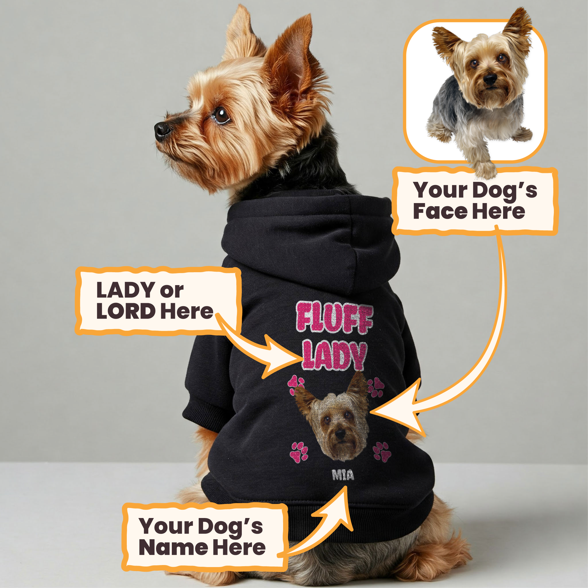 Fluff Lady - Personalized hoodie with your dog’s name,Face, and LADY or LORD – dog hoodie – dog clothes