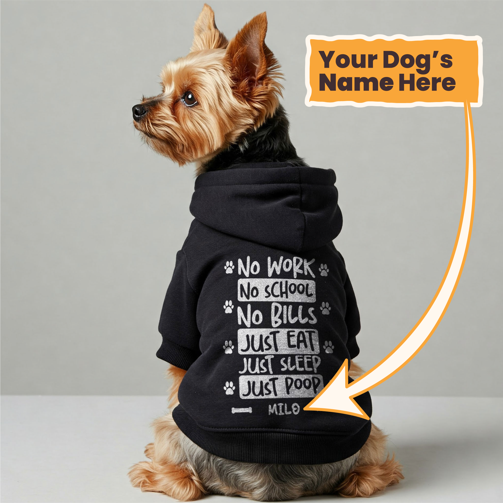 No work, no school, no bills, just eat, just sleep, just poop - personalized hoodie with your dog name – dog hoodie – dog clothes