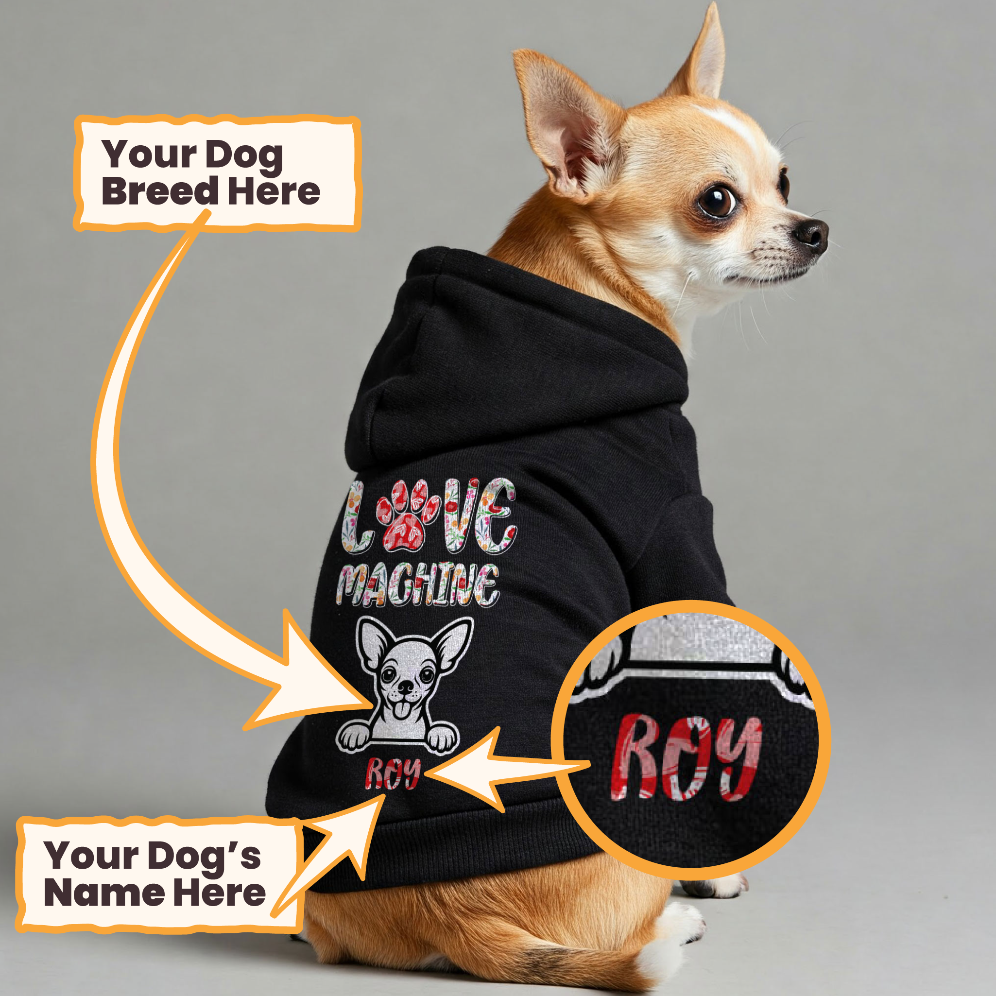 LOVE MACHINE - personalized hoodie with your dog’s name and breed – dog hoodie – dog clothes