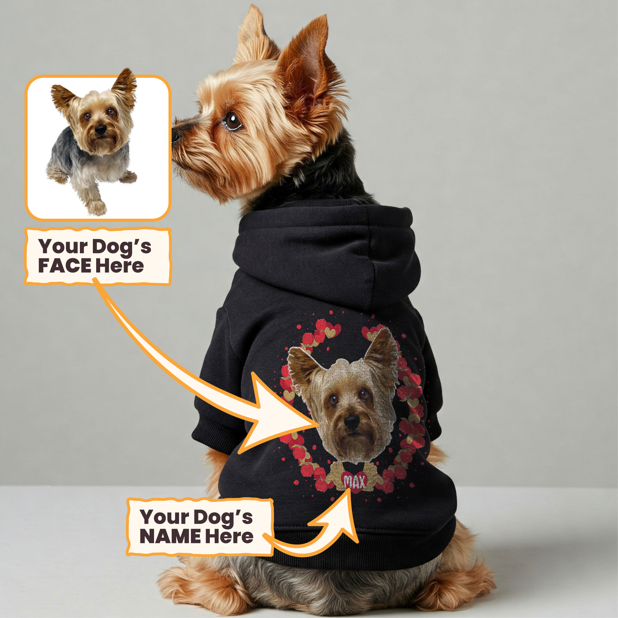 Hearts - Personalized hoodie with your dog’s name and Face– dog hoodie – dog clothes