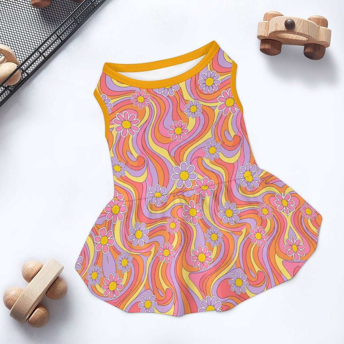 Retro Groovy Floral Large Dog Ruffle Dog Dress