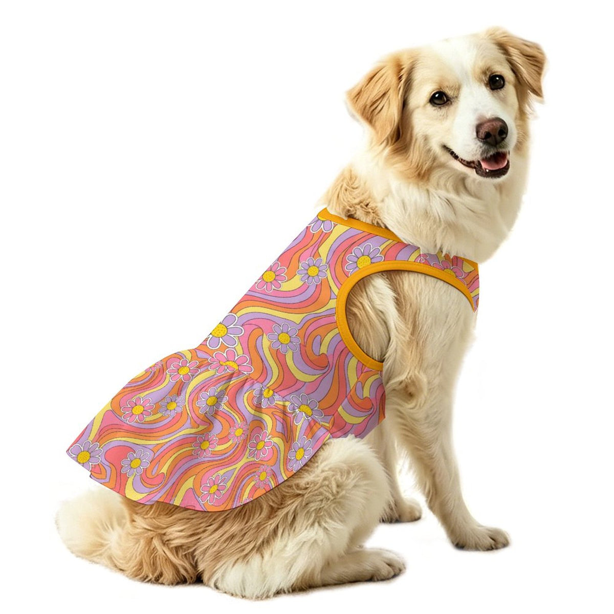 Retro Groovy Floral Large Dog Ruffle Dog Dress