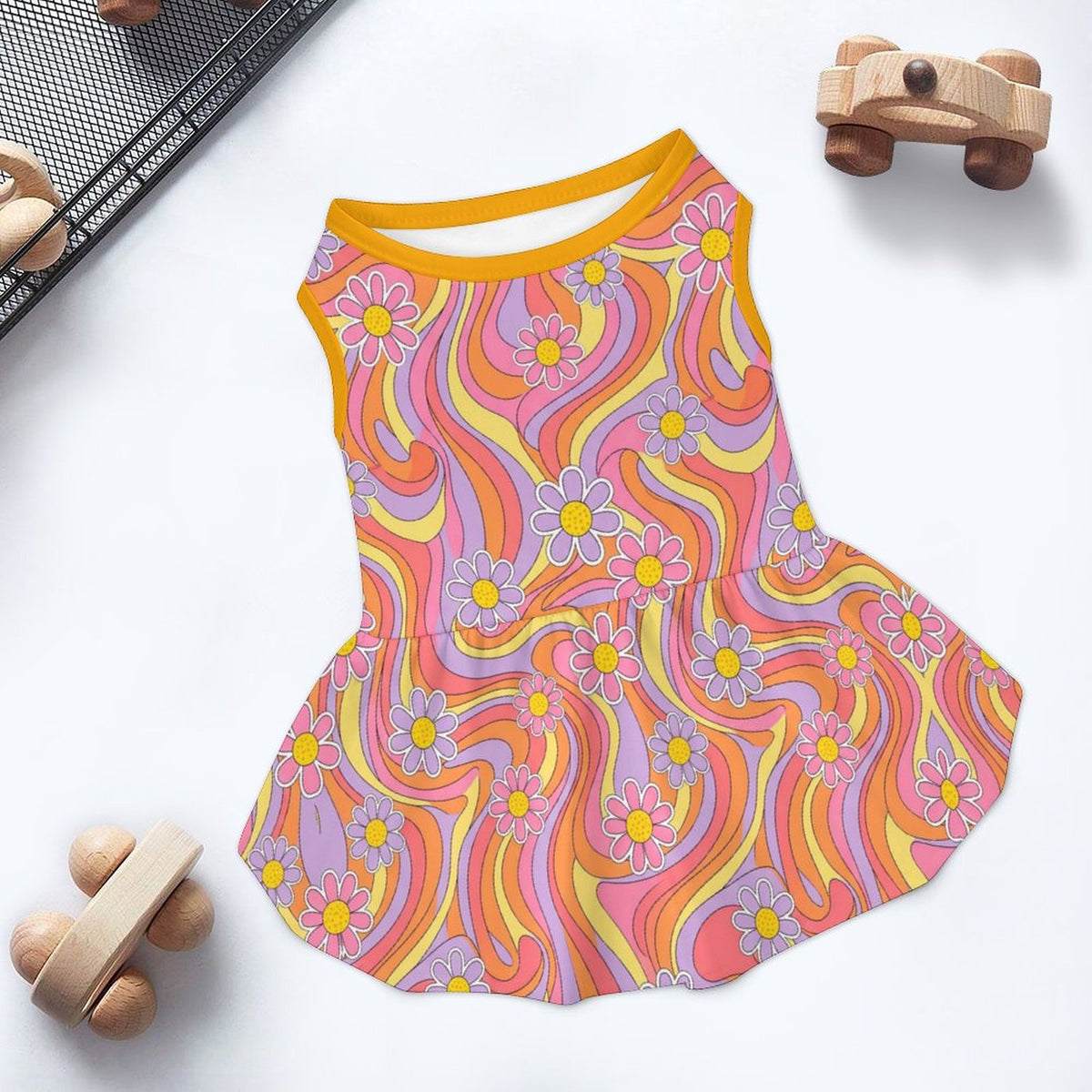 Retro Groovy Floral Small Dog Ruffle Dog Dress