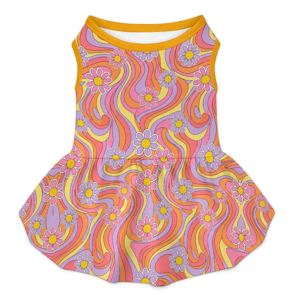 Retro Groovy Floral Large Dog Ruffle Dog Dress