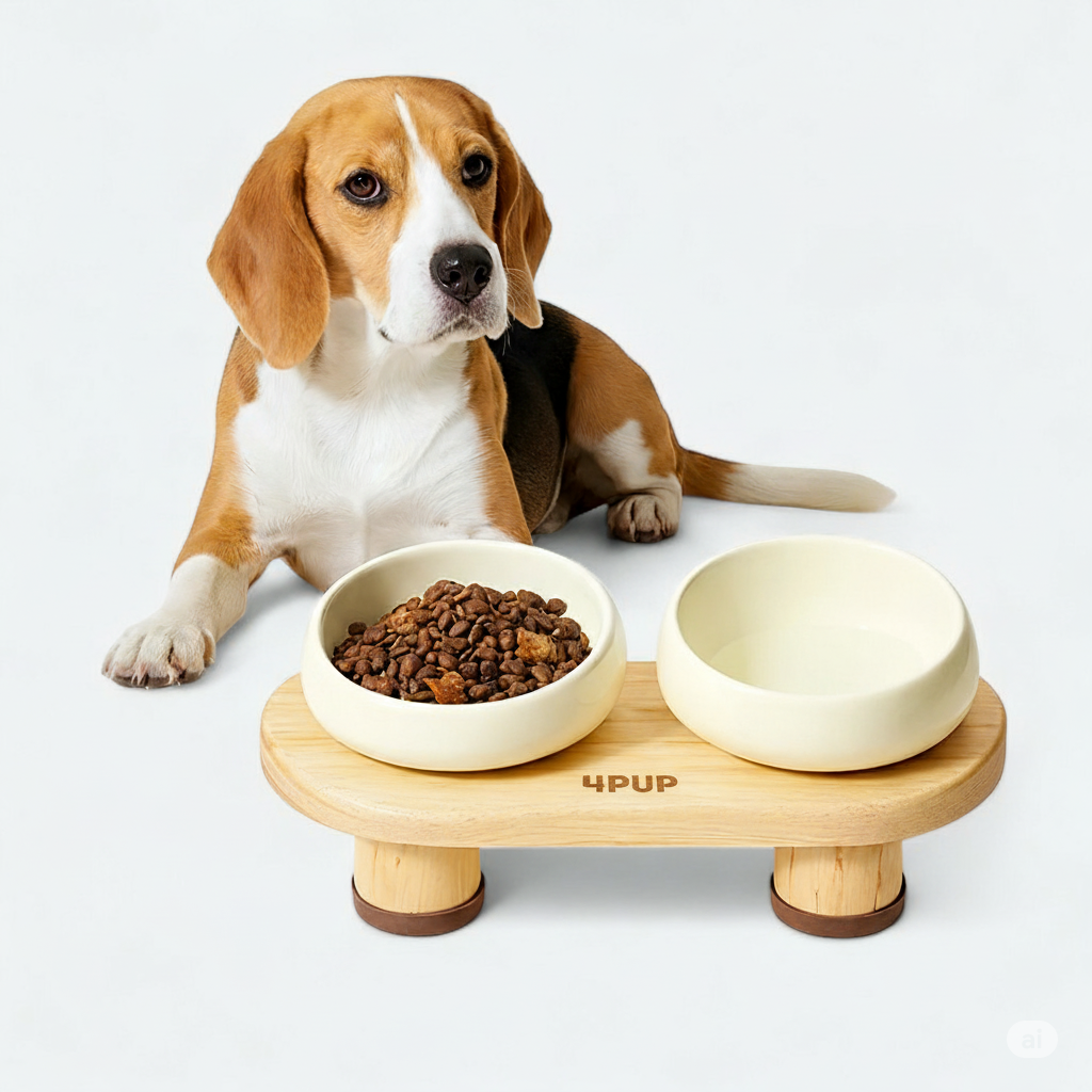 Ceramic Double Bowls with Wooden Stand