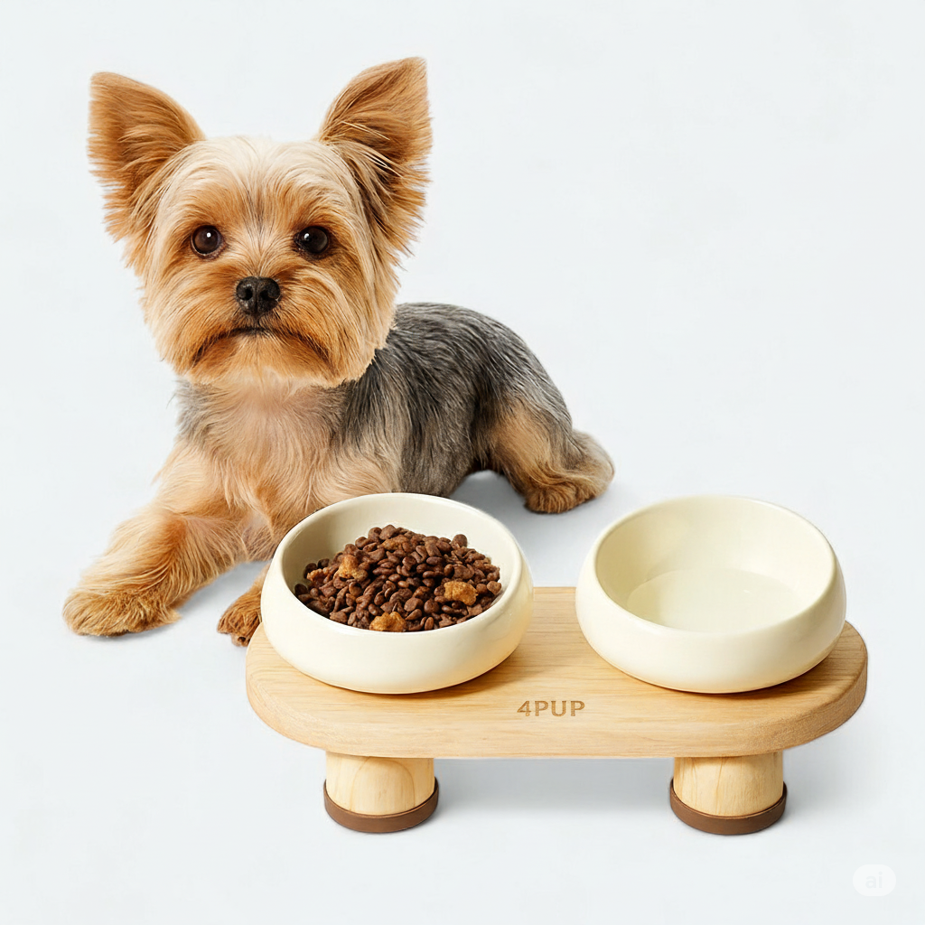 Ceramic Double Bowls with Wooden Stand