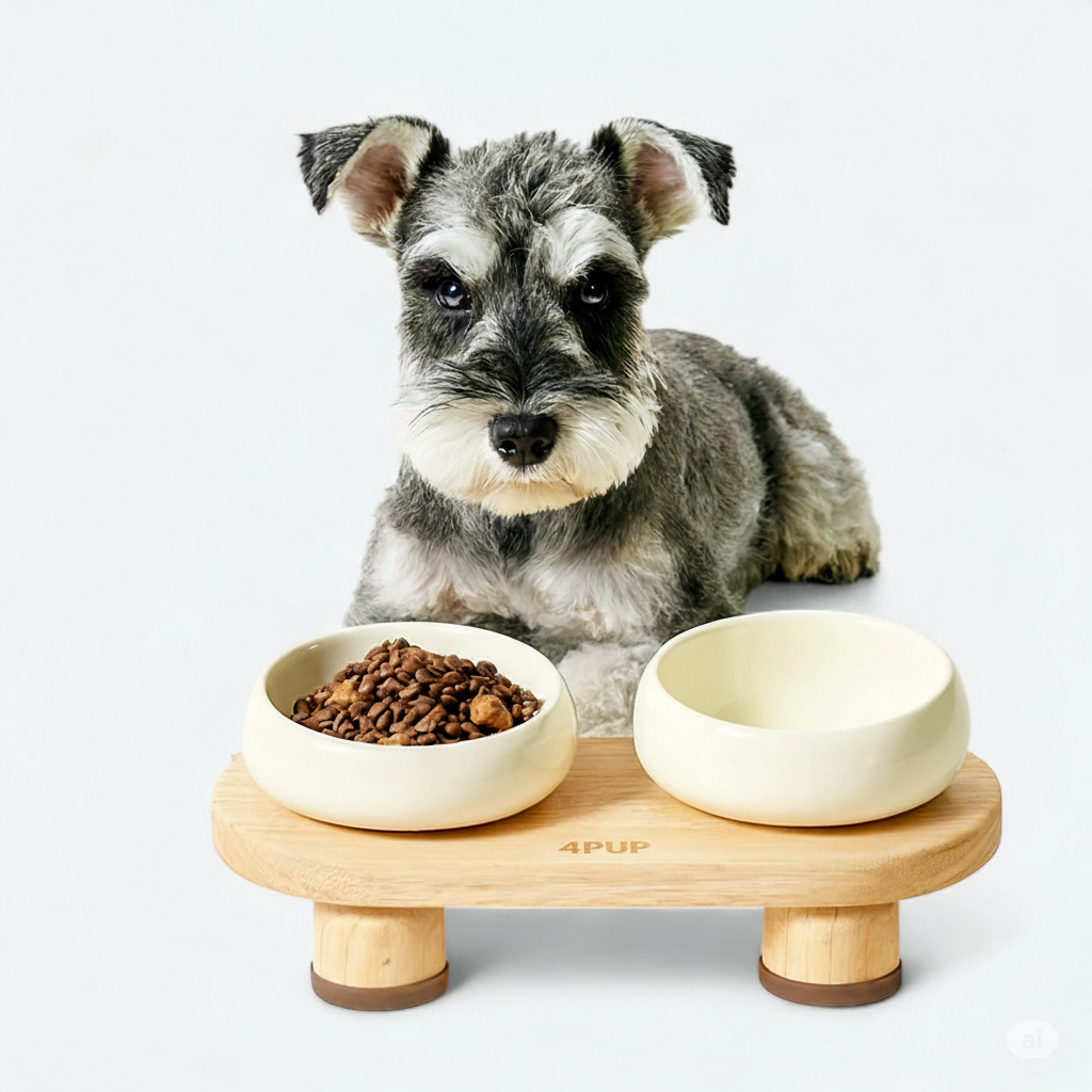 Ceramic Double Bowls with Wooden Stand