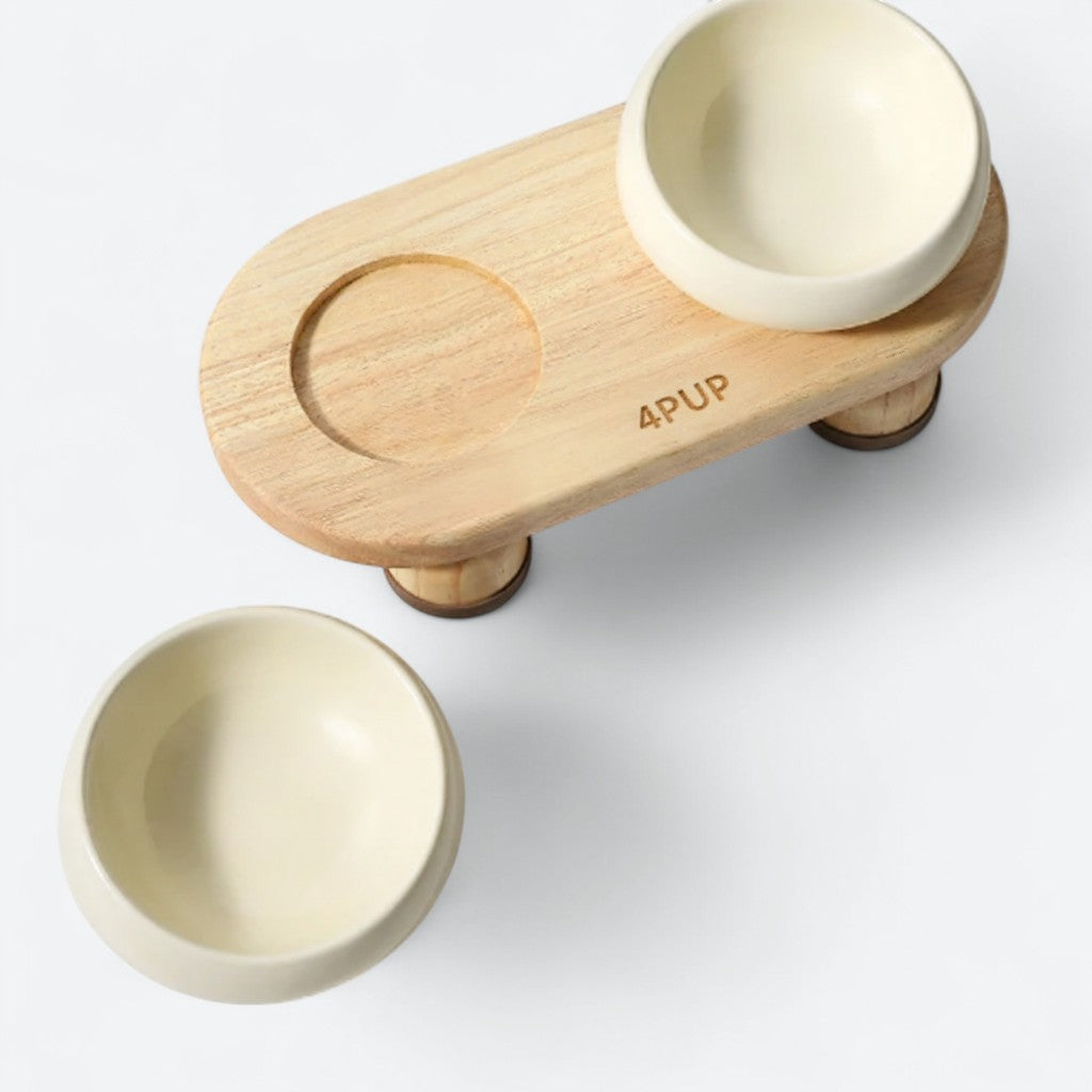 Ceramic Double Bowls with Wooden Stand