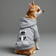 Chihuahua wearing a 'Fetch These' hoodie