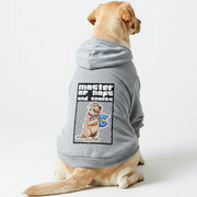 Labrador wearing a 'Master of Naps & Snacks' hoodie