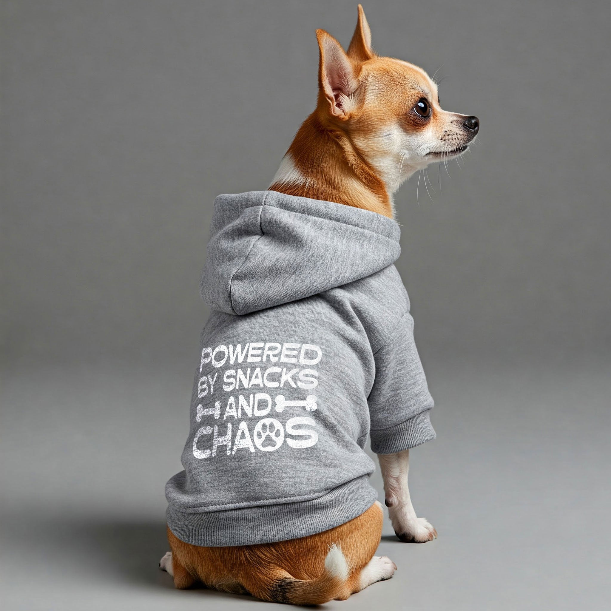 Powered by snacks and chaos – Dog Hoodie – Dog Clothes
