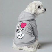 Maltese dog wearing an 'I Love My Human' hoodie