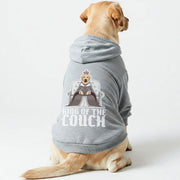 Labrador wearing a 'King of the Couch' hoodie