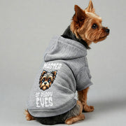 Yorkie wearing a 'Master of Puppy Eyes' hoodie