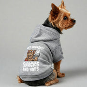 Yorkie wearing a 'My Hobbies? Snacks and Naps' hoodie