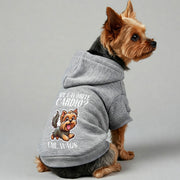 Yorkie wearing a 'My Favorite Cardio? Tail Wags' hoodie