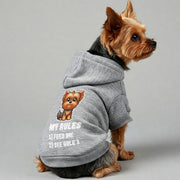 Yorkie wearing a 'My Rules: Feed Me' hoodie