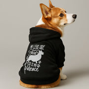 Corgi wearing a 'Short Legs, Short Patience' hoodie