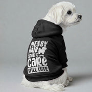 Maltese dog wearing a 'Messy Hair, Don't Care' hoodie