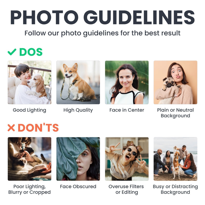 Pet memorial photo guidelines: Dos and don'ts for clear pet memorial gifts, cat and dog examples