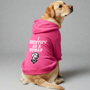 Labrador wearing an 'I Identify as a Human' hoodie