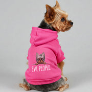 Yorkie wearing an 'Ew, People' hoodie