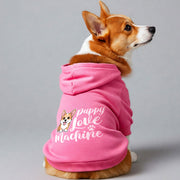 Corgi wearing a 'Puppy Love Machine' hoodie