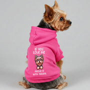 Yorkie wearing a 'Prove It with Treats' hoodie
