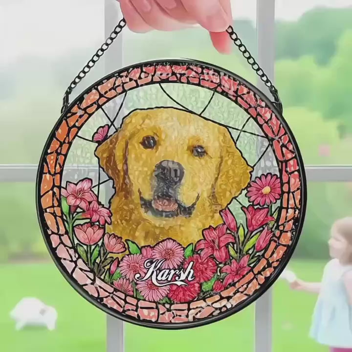 Load video: Custom Stained Glass Pet Portrait Suncatcher – Personalized Dog Lover Gift